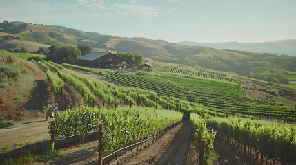 Fototapeta premium Scenic Vineyard on Rolling Hillside at Golden Hour
