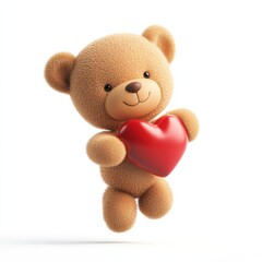 3D A cuddly teddy bear holding a red heart, Isolated on White Background