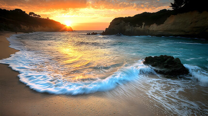 Obraz premium Sunset Over Sandy Beach with Clear Turquoise Waves