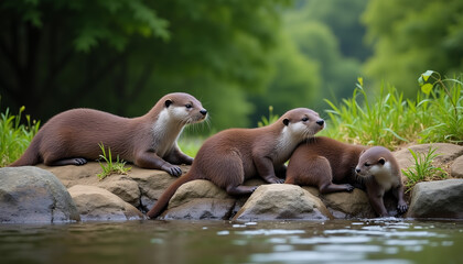 Fototapeta premium A Family of Otters Enjoying a Sunny Day, Otters Playing in the River, Otter Cubs Having Fun