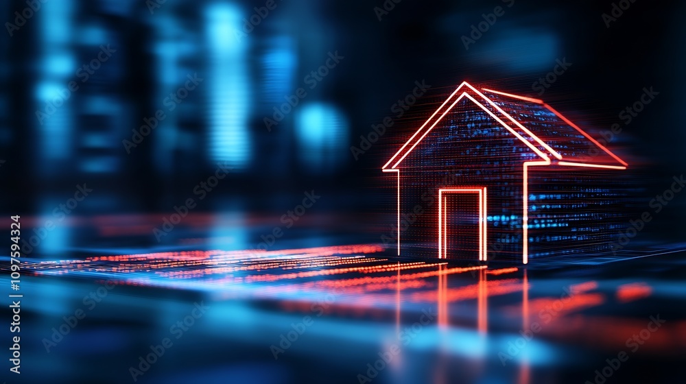 Poster Red Neon House Icon with a Digital City Network and Cybernetic Background Interface : Generative AI