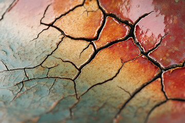 Fototapeta premium Textured surface showing vibrant colors and cracked patterns in a natural setting at sunset