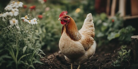 Fototapeta premium Brown Hen Exploring Garden Among Blooming Flowers in Rural Homestead Setting : Generative AI