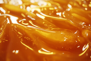 Golden caramel filling glistens under soft light, showcasing its rich and smooth texture