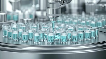 Pharmaceutical Laboratory with Robotic Arm and Glass Vials for Vaccine Production and Research