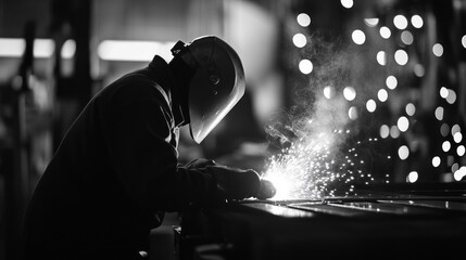 A man in a black and white photo is wearing a helmet