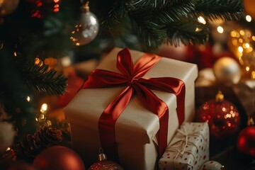 Gift Box Under Christmas Tree With Red Ribbon