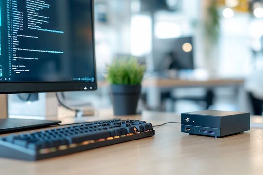 Modern workspace with mini PC, keyboard, monitor displaying code.