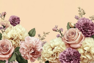 Vintage Floral Arrangement with Pink Roses Cream Carnations and Purple Dahlias on Soft Peach Background