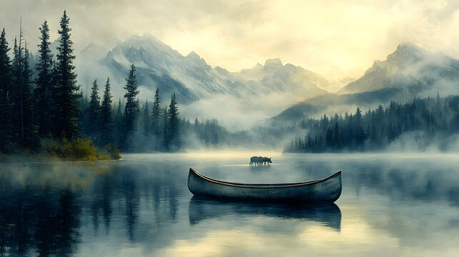 peaceful image of an empty canoe floating on a calm, mist-covered lake, surrounded by towering mountains and dense forests, with soft morning light illuminating the scene.