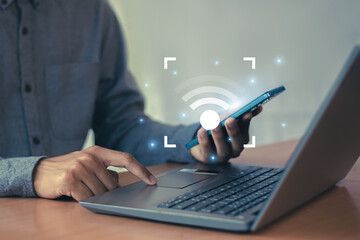 Use business smartphone with wifi icon, business communication social network concept. 