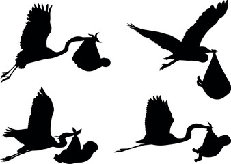 Stork carrying baby silhouette set