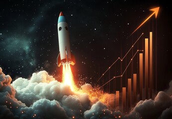 Fototapeta premium Rocket Launch Concept with Growth Chart in Starry Sky