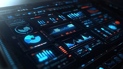 Obraz premium AI Technology in Business Automation Data Analytics Dashboard with Sales Operations Charts KPI Insights Touch Screen