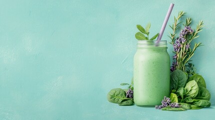 Refreshing green smoothie in a jar with fresh herbs, set against a mint background.
