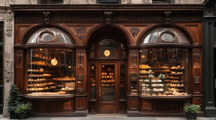 Ornate wooden storefront with bakery and cheese shop displays.