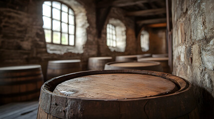 Fototapeta premium Close-up of a wooden barrel in a rustic stone cellar with large arched windows. Sunlight filters through, highlighting the craftsmanship of the aged barrels and historic setting.