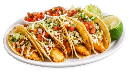 A plate of crispy fish tacos topped with shredded cabbage, salsa, and a squeeze of lime