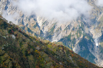 Happo Alpen Line Nature trail, Hakuba, Nagano, Japan, Mountain landscape with clouds and autumn...