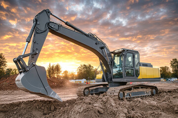 Excavator working at a construction site during a breathtaking sunset with vibrant colors illuminating the sky and surrounding landscape