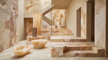 Modern interior design featuring natural stone textures and minimalistic decor that blends elegance with simplicity.