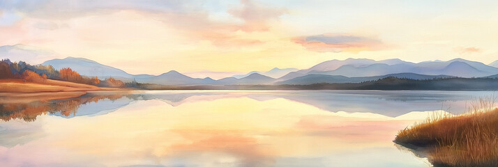 Fototapeta premium A serene watercolor painting showcasing a calm lake reflecting surrounding mountains during a pastel-hued sunset, exuding tranquility, peace, and natural beauty.
