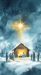 Nativity scene with figures under bright holy star