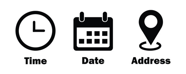 Time, date and address icon isolated set. Event elements. Clock, calendar and map icon vector illustration on white background.