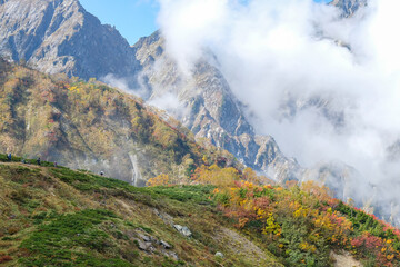 Happo Alpen Line Nature trail, Hakuba, Nagano, Japan, Mountain scenery with colorful foliage and clouds
