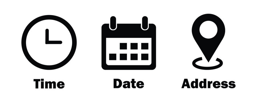 Time, date and address icon isolated set. Event elements. Clock, calendar and map icon vector illustration on white background.