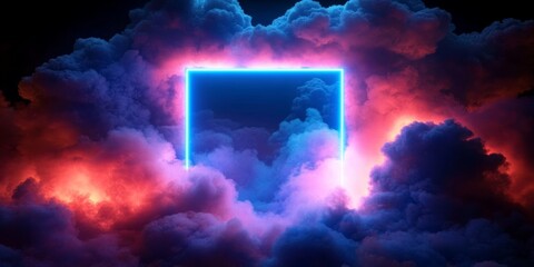 Neon Square Frame in Swirling Clouds Futuristic Abstract 3D Render