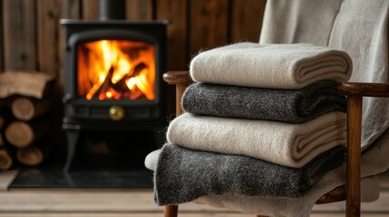 A stack of soft woolen blankets on a chair next to a wood-burning stove