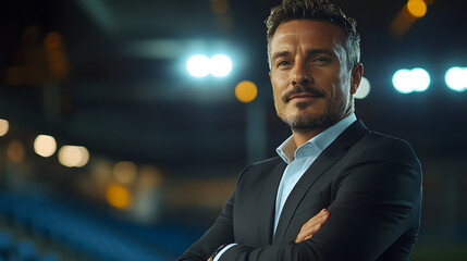 Close-up portrait of a confident soccer coach wearing a black suit, standing under bright stadium lights at night, symbolizing leadership and sports expertise.