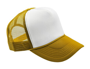 Yellow ochre trucker cap with white front panel and breathable mesh back. Ideal for casual or outdoor use.