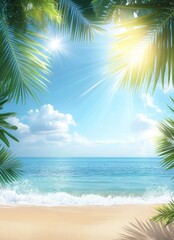 Tropical Beach Scene with Golden Sand Waves and Sunlight through Palm Fronds