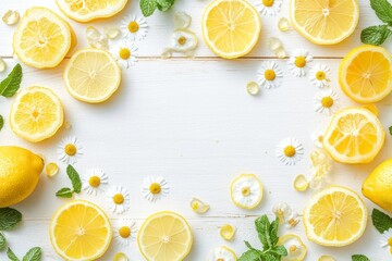Lemon Slices and Juice with Fresh Mint Leaves and Daisy Flowers on White Background