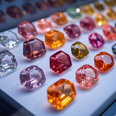 Assorted vibrant gemstones displayed on a white surface, highlighting both their raw and cut forms 