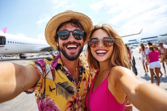 Happy couple at the airport taking a selfie on vacation enjoying a sunny day before boarding their flight