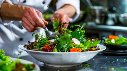 Chef finishing a salad with fresh greens, adding the final touches before serving it to restaurant guests.