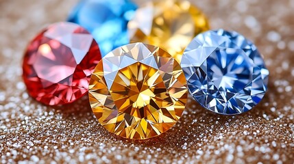 Fototapeta premium Elegant arrangement of various cut gemstones on white, emphasizing their sparkle and color variety 