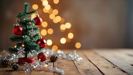 Close-up Festive Mini Christmas Tree Wooden Table