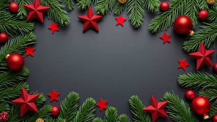 Christmas Banner, Festive Pine, Red Stars, & Ornaments on Black Slate