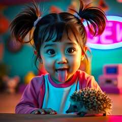 Naklejka premium Cheeky Girl with Her Pet Hedgehog