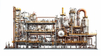 Detailed oil and gas production plant illustration highlighting complex machinery and pipes on an isolated background in high-resolution quality