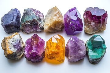 A collection of both uncut and meticulously cut gemstones arranged on white, showcasing natural beauty and craftsmanship 