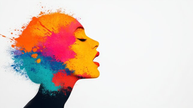 Profile of a woman with vibrant colors exploding from her head, creating an artistic and surreal effect.