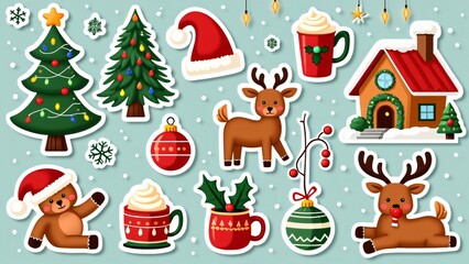 Fototapeta premium Adorable Christmas Stickers, Reindeer, Trees, Santa, Hot Chocolate, & More!
