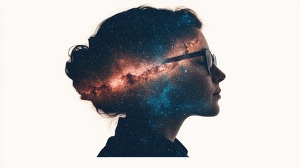 A young woman with glasses gazes thoughtfully, her silhouette filled with a stunning galaxy of stars.
