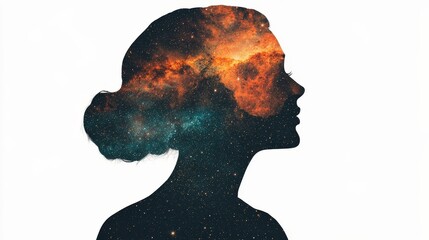 Silhouette of a woman with a cosmic galaxy overlay, symbolizing dreams and the universe's vastness.