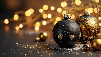 Fototapeta premium Elegant Black & Gold Christmas Ornaments on Snow